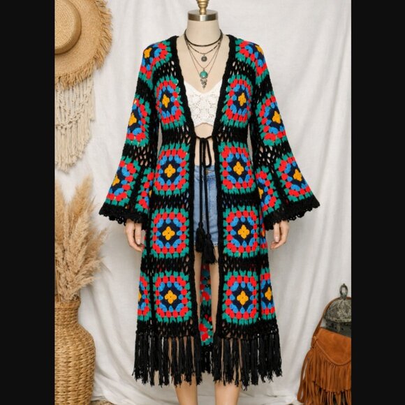 POL Sweaters - POL Multicolor Granny Square Crochet Cardigan Sweater M Boho Festival Hippie